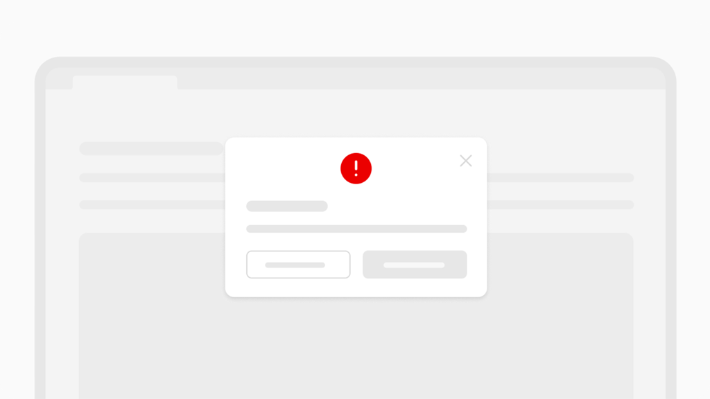 Esempio di gestione errori tramite dialog: una finestra modale centrata mostra una grande icona di avviso rossa in alto, un messaggio e due pulsanti.